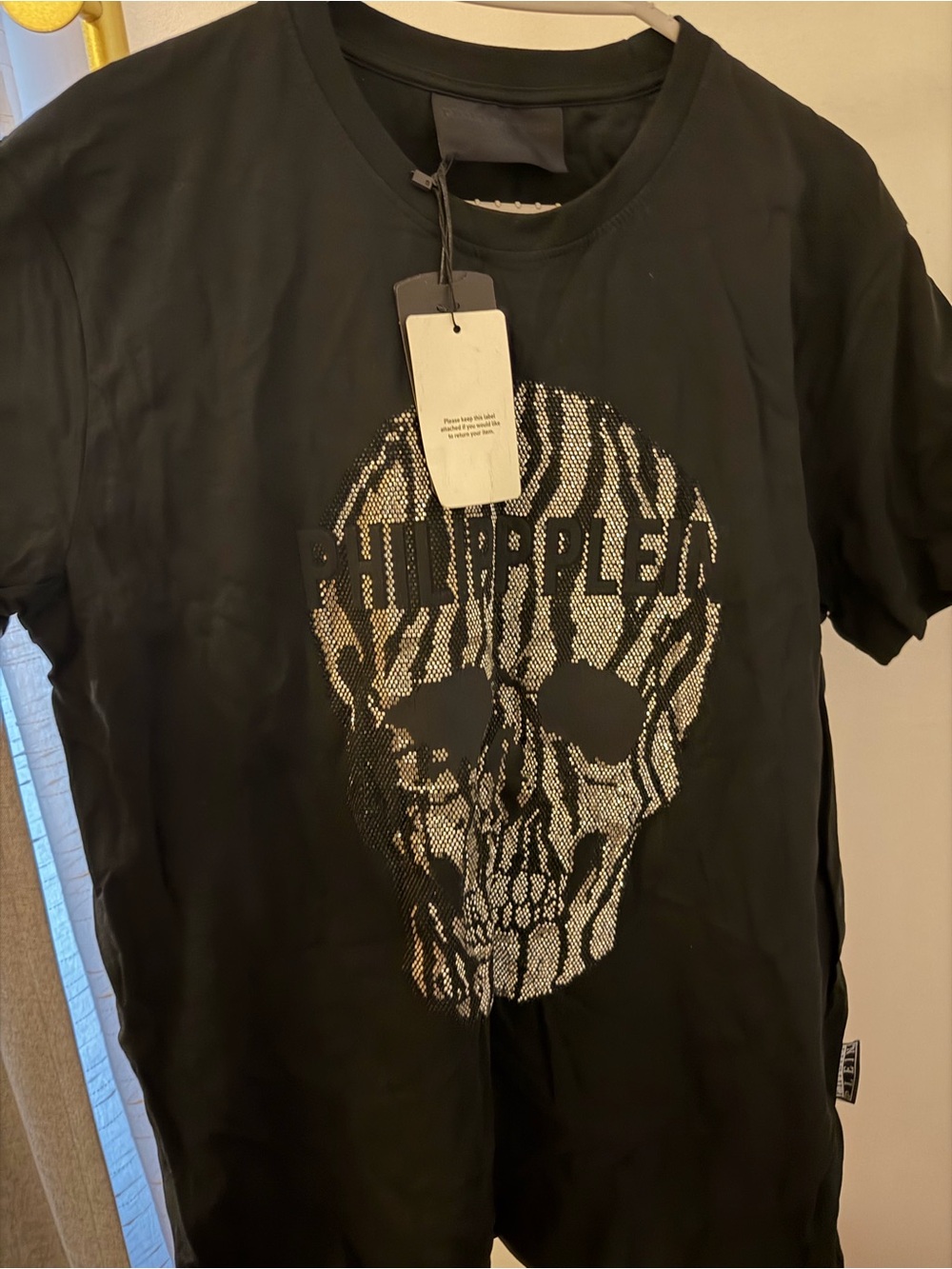 Philipp Plein Black Tee with Silver Rhinestone Skull